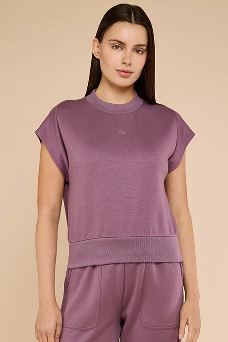 أر أند بي Solid Top with Mock Neck and Short Sleeves