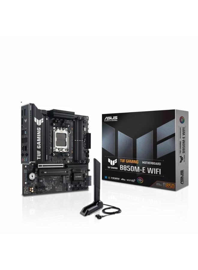 ASUS TUF Gaming B850M-E WiFi Motherboard – AMD AM5, 4xDDR5 8000+ OC, PCIe 5.0 x16, WiFi 6E, 2.5Gb LAN, USB-C 10Gbps, M.2 Gen5/Gen4, 8+2+1 80A VRM, BIOS Flashback, Aura Sync, Black | 90MB1LS0-M0EAY0 - Image 1