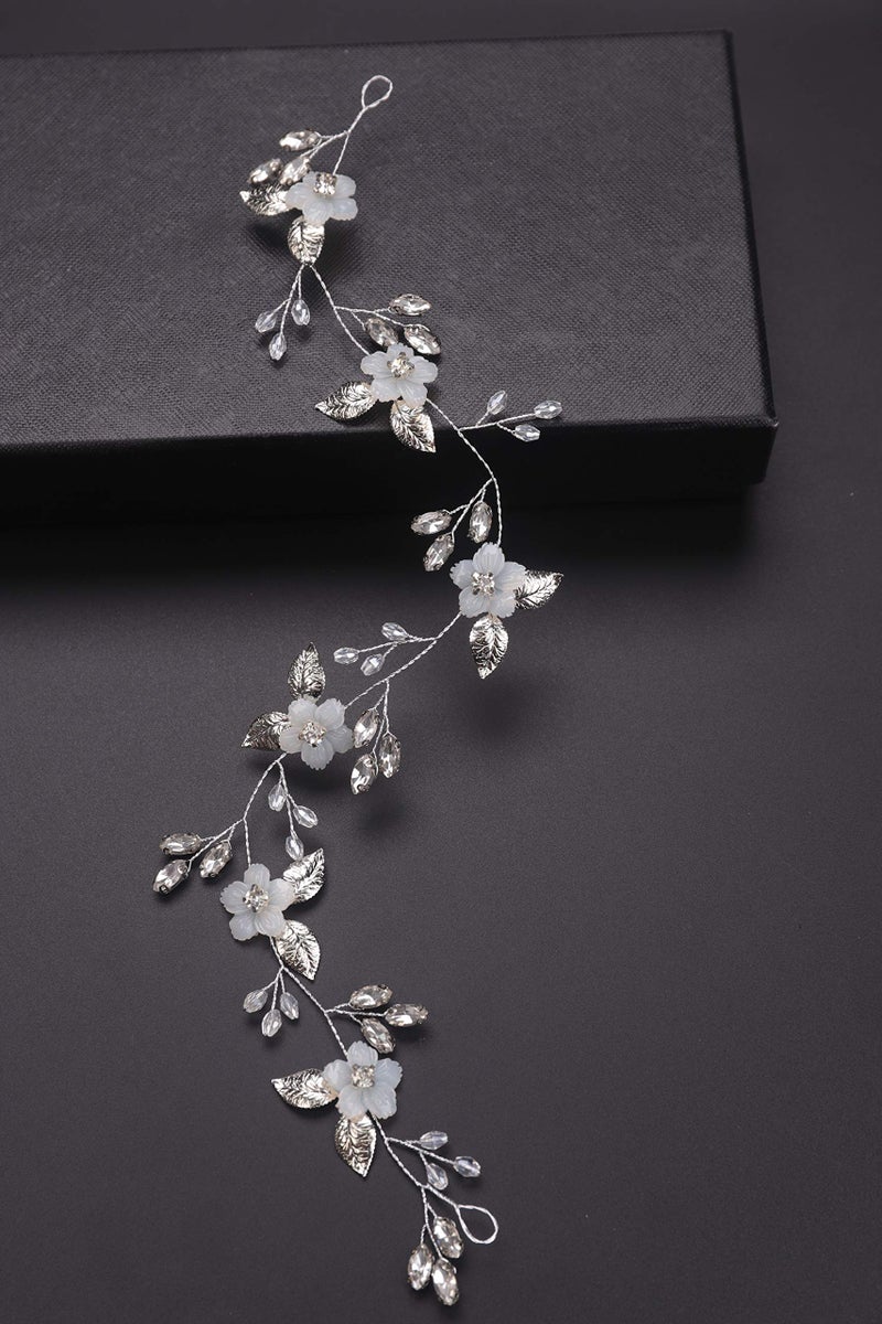 BERYUAN Bridal White Flower Headband Silver Leaf Hair Vine Band for Bride Crystal Rhinestone Wedding Hair Accessory Gift for Her Party Hair Piece for Women and Girls(Silver) - Image 2