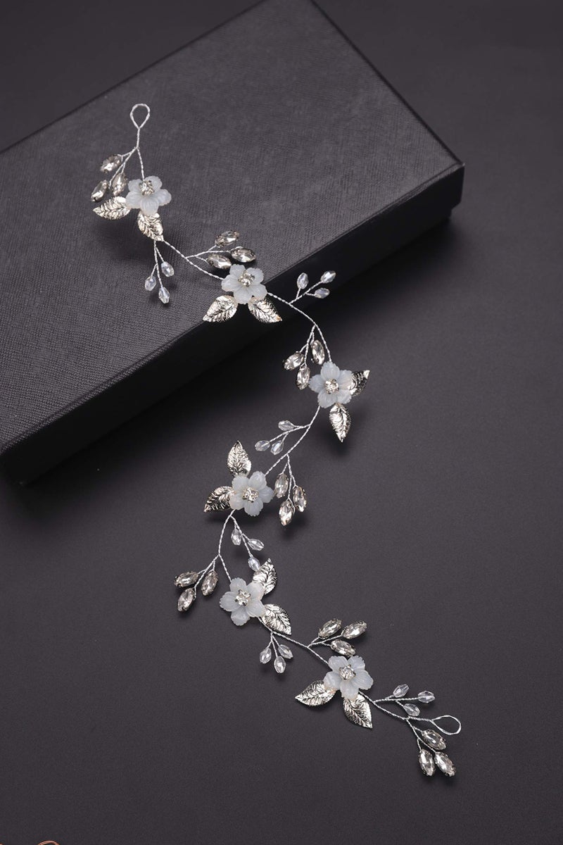 BERYUAN Bridal White Flower Headband Silver Leaf Hair Vine Band for Bride Crystal Rhinestone Wedding Hair Accessory Gift for Her Party Hair Piece for Women and Girls(Silver) - Image 3