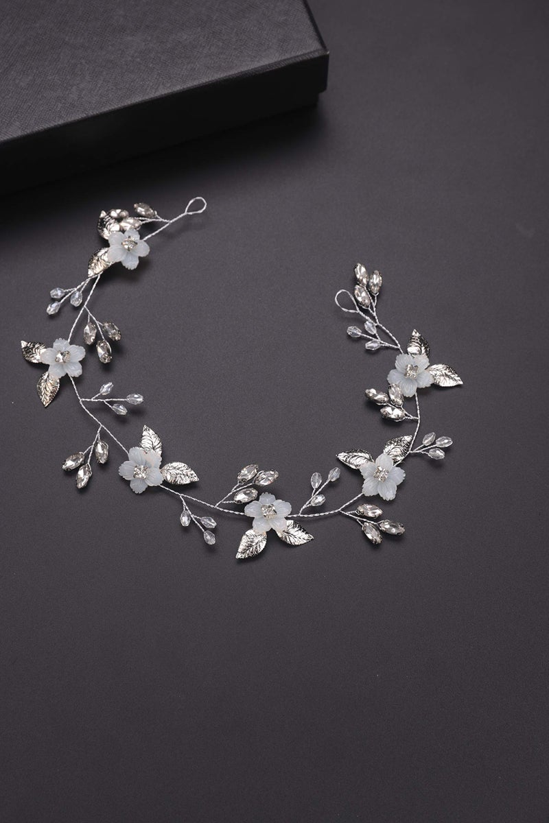 BERYUAN Bridal White Flower Headband Silver Leaf Hair Vine Band for Bride Crystal Rhinestone Wedding Hair Accessory Gift for Her Party Hair Piece for Women and Girls(Silver) - Image 4