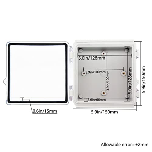 Zulkit Junction Box IP67 Waterproof Electrical Box Hinged Clear Cover Stainless Steel Latch Plastic Enclosure for Project w Mounting Plate Wall Bracket and 2 Cable Gland 5.9"x5.9"x3.5"/150x150x90mm - Image 5