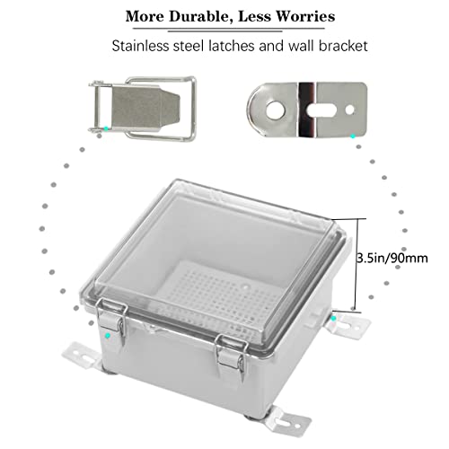 Zulkit Junction Box IP67 Waterproof Electrical Box Hinged Clear Cover Stainless Steel Latch Plastic Enclosure for Project w Mounting Plate Wall Bracket and 2 Cable Gland 5.9"x5.9"x3.5"/150x150x90mm - Image 2
