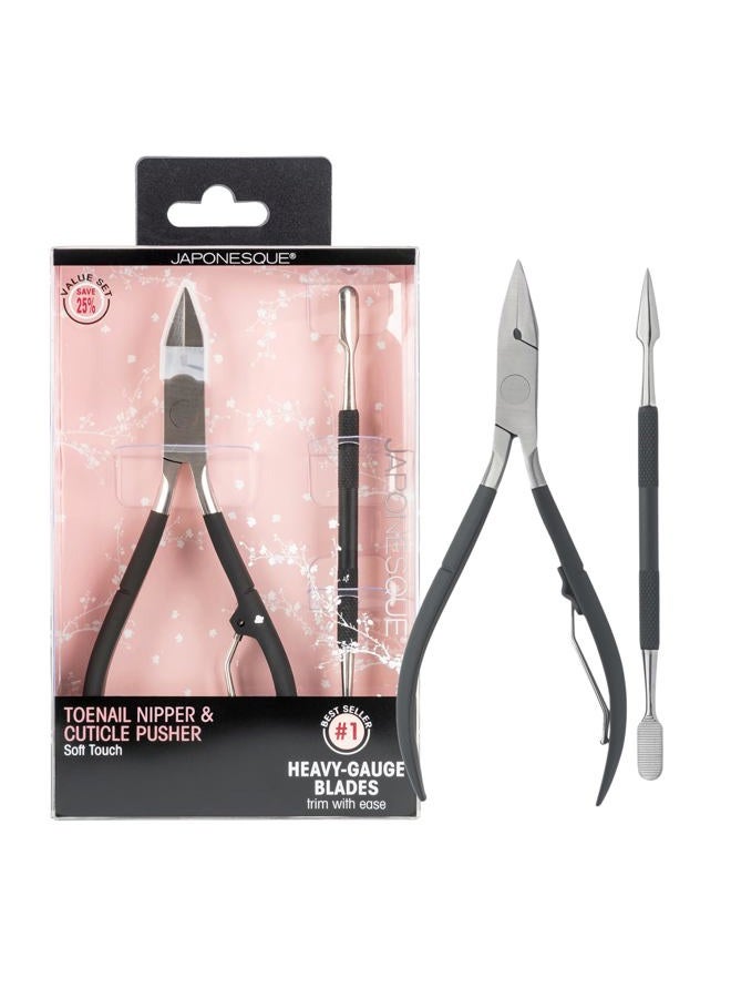 Japonesque Soft Touch Toenail Clipper & Cuticle Pusher Manicure Set for Salon Quality Results, Anti-Slip Grip, Stainless Steel - Image 1