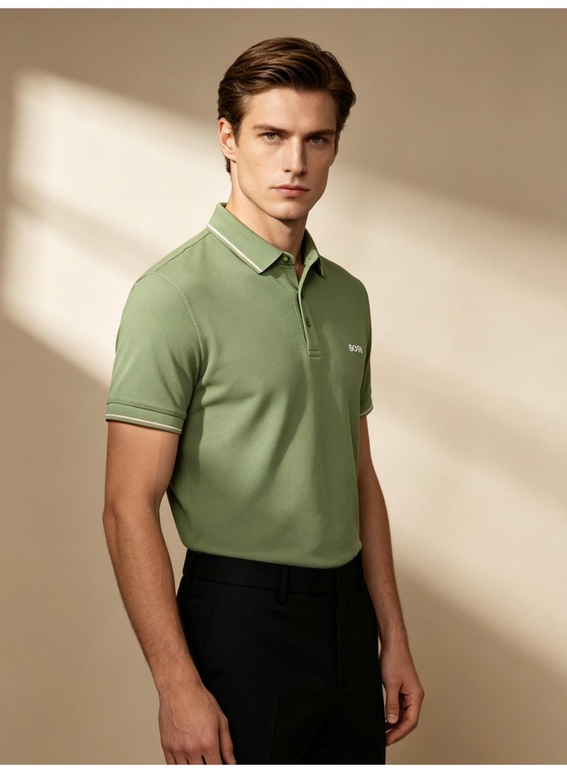 BOSS Men Short Sleeve Tipped Collar Polo Shirt Slim Fit Semi Formal Daily Holiday Summer Wear Sage Green - Image 5