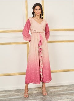 Ombre Foil Print Ruffle Detail A-Line Maxi Dress
