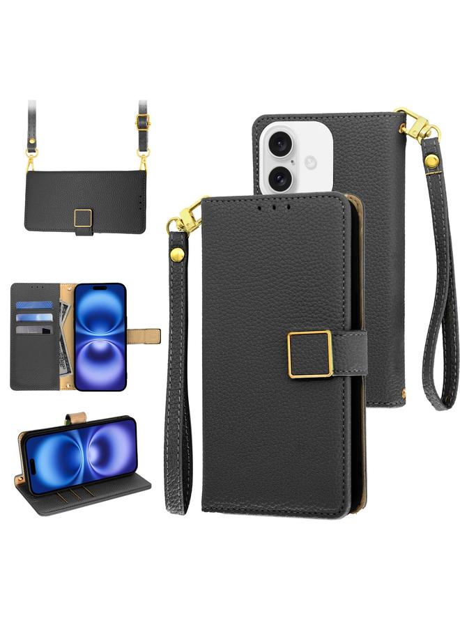 اس-توب جراب هاتف iPhone 16 Crossbody من جلد الليتشي المزخرف بمشبك مربع - Image 1