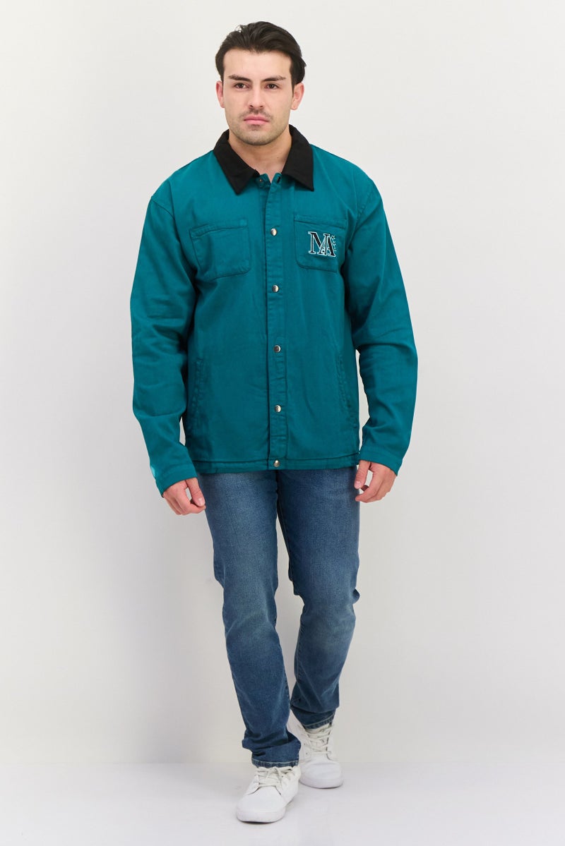 Night Addict قميص جاكيت مزخرف بشعار للرجال، أخضر مائل إلى الأزرق - Image 3