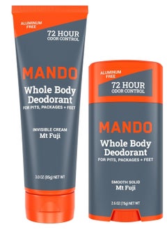 Mando Whole Body Deodorant - Invisible Cream Tube and Solid Stick - 72 Hour Odor Control - Aluminum Free, Baking Soda Free, Skin Safe - 3.0 Ounce Tube and 2.6 Ounce Solid Stick Bundle - Mt Fuji