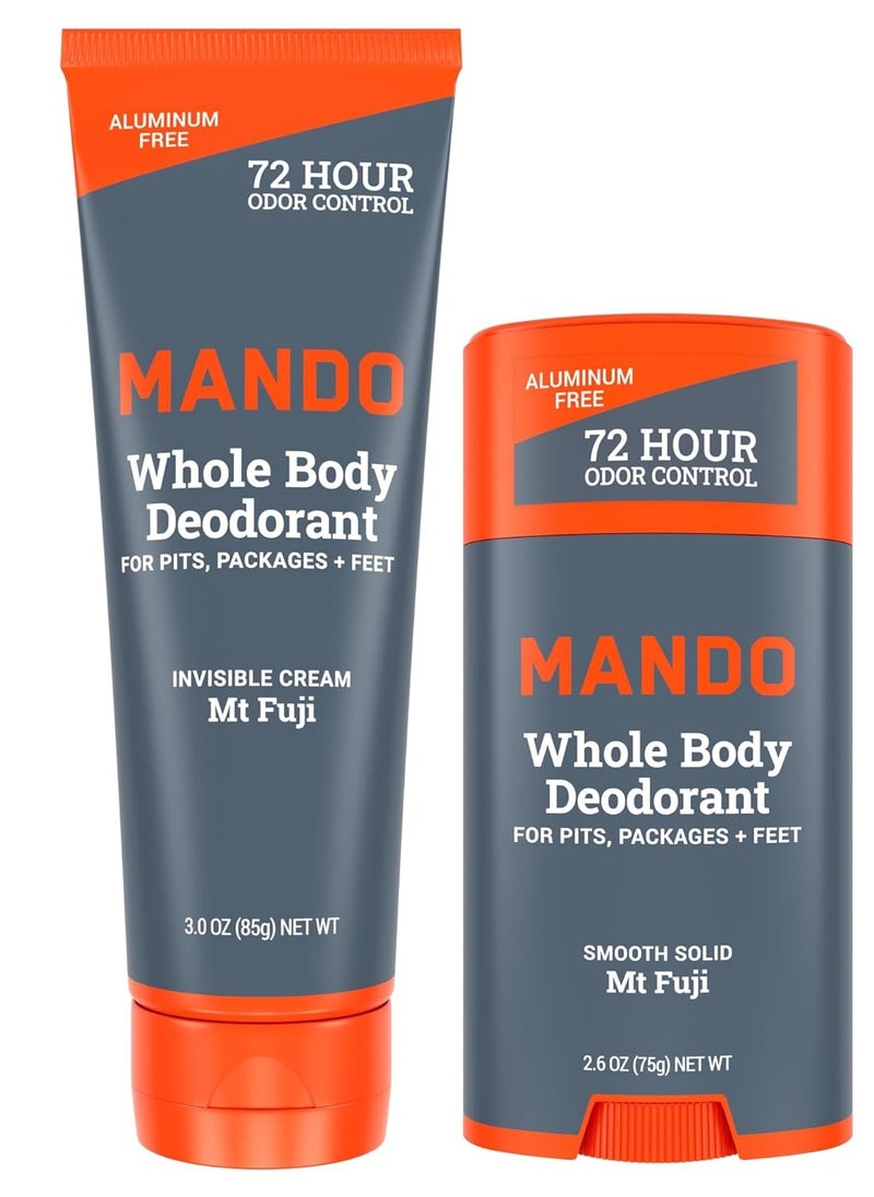 Mando - Mando Whole Body Deodorant - Invisible Cream Tube and Solid Stick - 72 Hour Odor Control - Aluminum Free, Baking Soda Free, Skin Safe - 3.0 Ounce Tube and 2.6 Ounce Solid Stick Bundle - Mt Fuji - Image 1