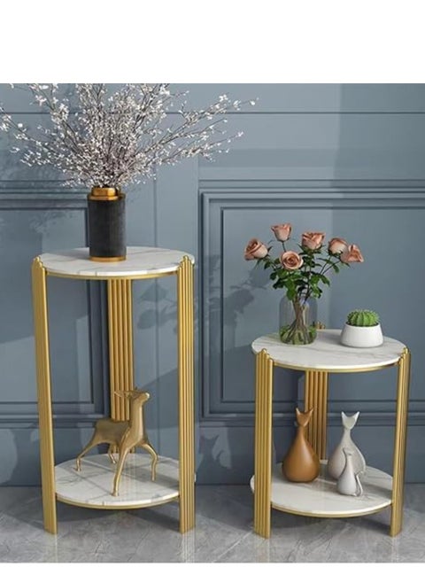 VITAL 2 Tier Round Coffee Table, with Metal Frame, Marbling Storage End Side Table, for Nightstand, Bedroom, Living Room, Sofa,Platinum+gold,32*32* 80cm