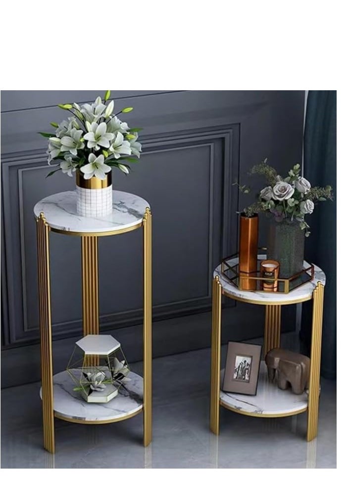 VITAL 2 Tier Round Coffee Table, with Metal Frame, Marbling Storage End Side Table, for Nightstand, Bedroom, Living Room, Sofa,Platinum+gold,32*32* 80cm