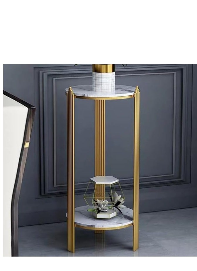 VITAL 2 Tier Round Coffee Table, with Metal Frame, Marbling Storage End Side Table, for Nightstand, Bedroom, Living Room, Sofa,Platinum+gold,32*32* 80cm