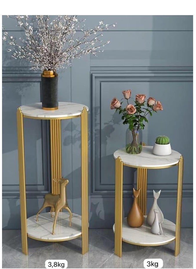 VITAL 2 Tier Round Coffee Table, with Metal Frame, Marbling Storage End Side Table, for Nightstand, Bedroom, Living Room, Sofa,Platinum+gold,32*32* 80cm