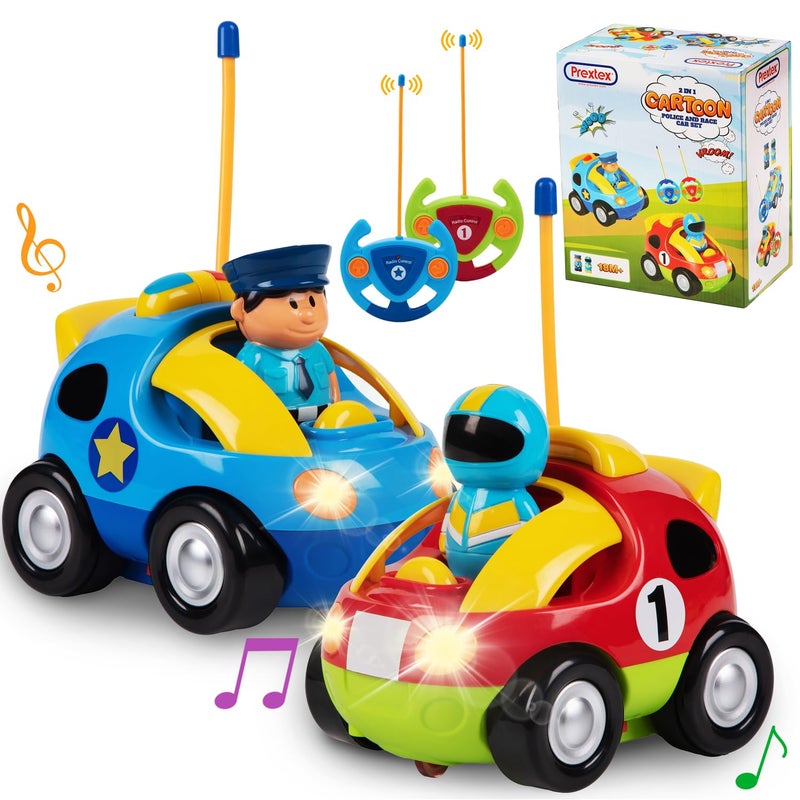 Prextex 2 Pack Cartoon Remote Control Cars for Toddlers Police Car and Race Car with Steering Wheel Controllers and Lights Different Frequencies So Both Can Race Together Toddler Gift 18 Months - Image 2