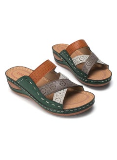 2023 Summer New Style Womens Sandals European and American Style Color Block One-Row Slides Leisure Style PVC Sole Green