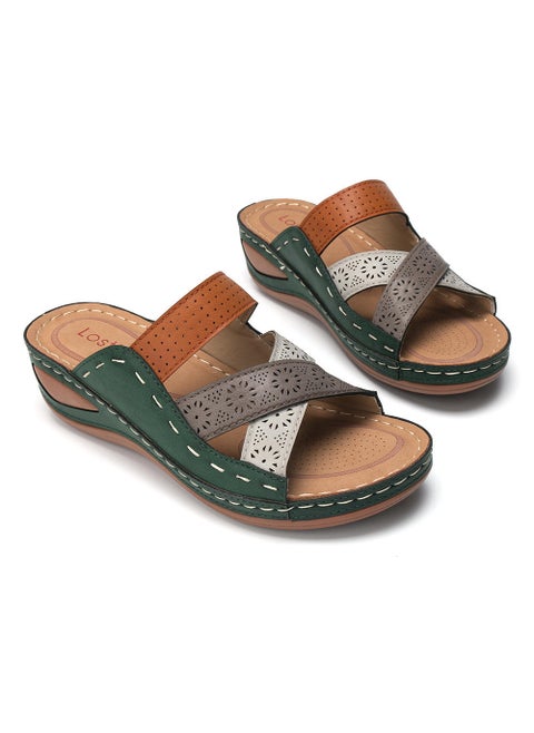 2023 Summer New Style Womens Sandals European and American Style Color Block One-Row Slides Leisure Style PVC Sole Green