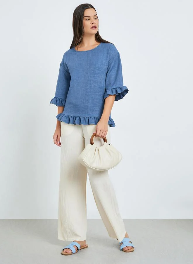 Take Two Women Blue Ruffle Trim Round Neck Top