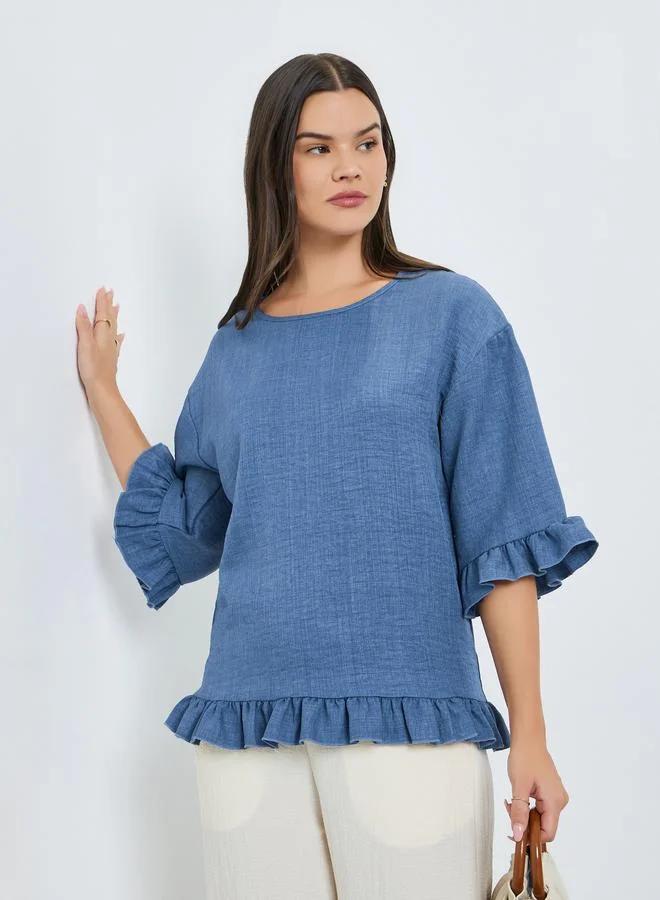 Take Two Women Blue Ruffle Trim Round Neck Top