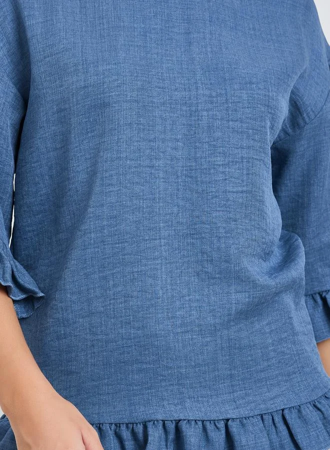 Take Two Women Blue Ruffle Trim Round Neck Top