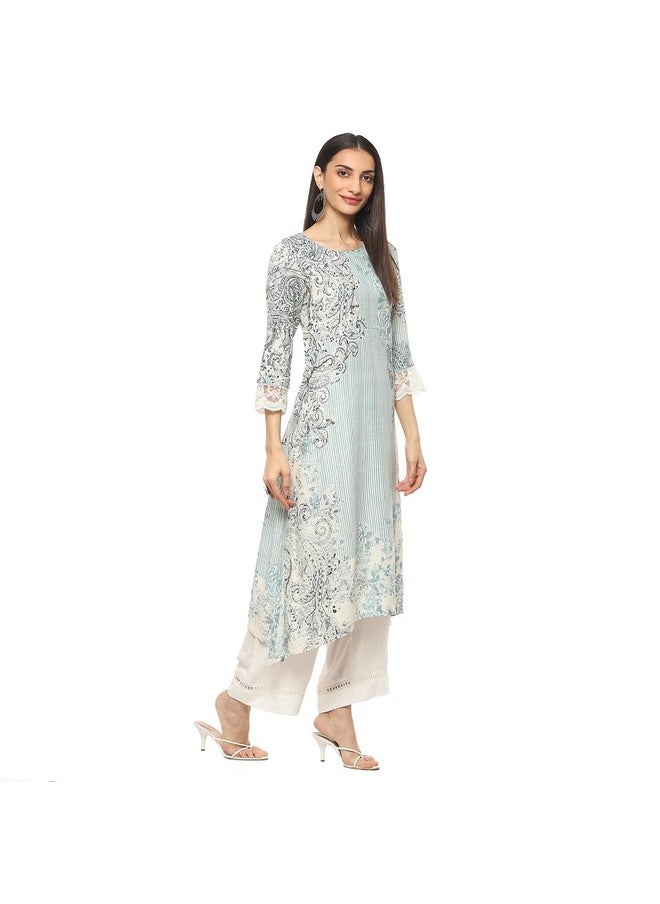 Biba - BIBA Women Viscose Printed Straight Kurta Mix and Match(Jamawar20167_Blue_32) - Image 1