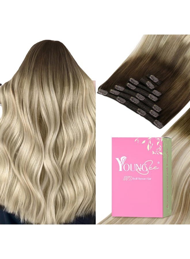 YoungSee إضافات شعر حقيقية بشري قابلة للتثبيت بلون أومبري أشقر، إضافات شعر أومبري بني داكن مع أشقر، بلون بالياج، لمسة طبيعية، إضافات شعر حقيقية للنساء 16 إنش 120 غرام - Image 1