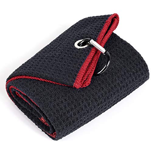 Mile High Life Mile High Life Trifold Golf Towel  Premium Microfiber Fabric  Waffle Pattern  with Heavy Duty Carabiner Clip  Golf Towel for Men and Women BlackRed