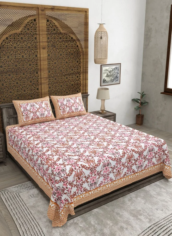 CLOTHOLOGY CLOTHOLOGY White & Brown Floral Printed 180 TC Flat Cotton King Bedsheet with 2 Pillow Covers