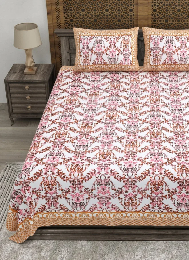 CLOTHOLOGY CLOTHOLOGY White & Brown Floral Printed 180 TC Flat Cotton King Bedsheet with 2 Pillow Covers