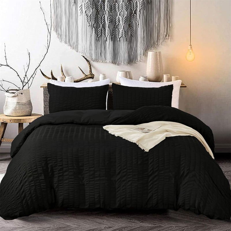 Black Seersucker Duvet Cover King Size Puckering Seersucker Bedding Set with 2 Pillowcases Soft Microfibre Duvet Cover Set for Teens Adults 220230cm