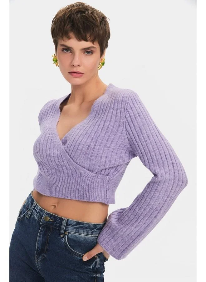 JUNE June Women Crop Soft Textured Double Breasted Knitwear Sweater Lilac