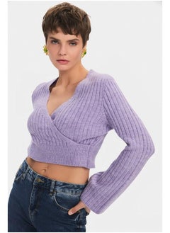 JUNE June Women Crop Soft Textured Double Breasted Knitwear Sweater Lilac  - Image 3