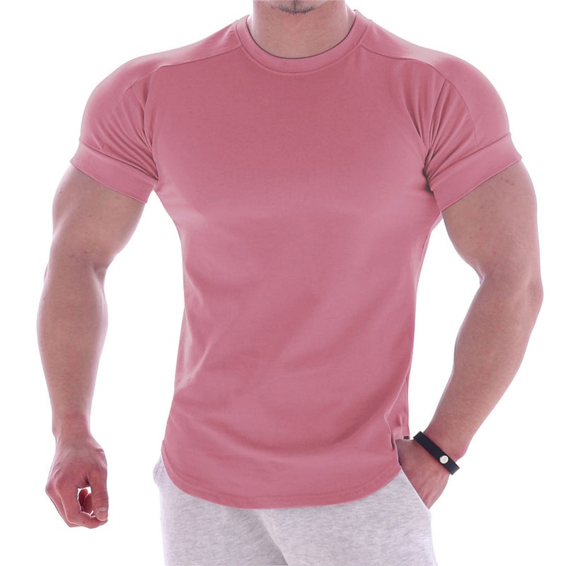 Mens Fitness Brand Compression Tee Quick-Dry Summer Round Neck Basketball Training Shirt Short Sleeve Pink 