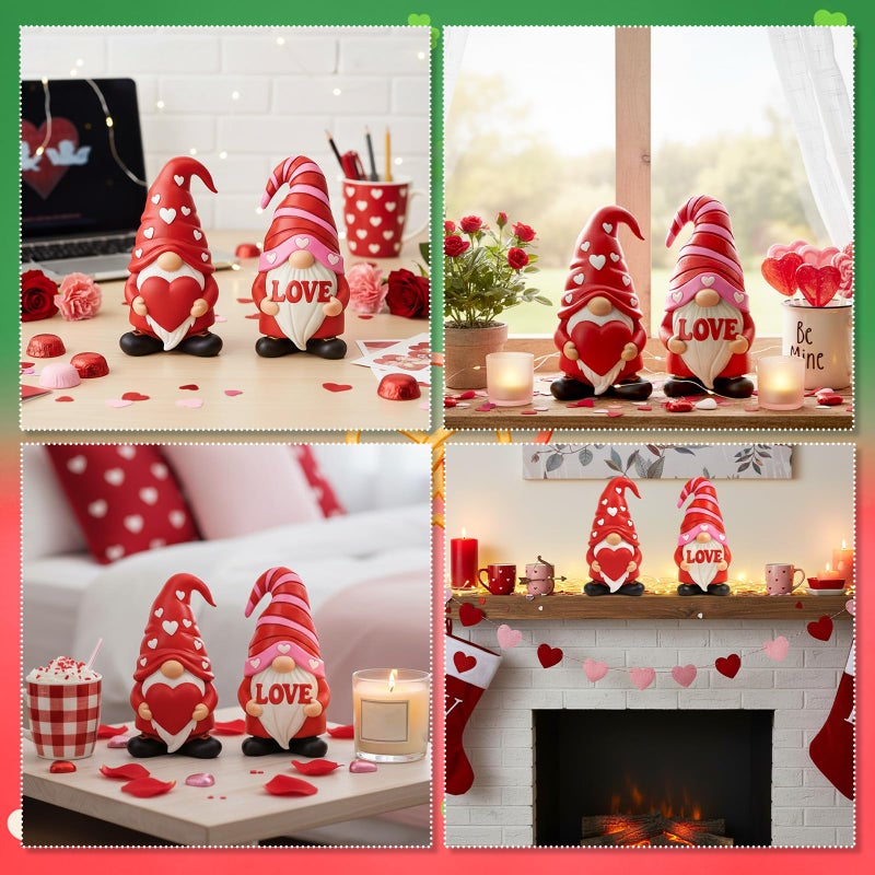 Simgoing 4 Pcs Holiday Gnomes Figurines 2 Valentines 2 St Patrick's Day Gnomes, Resin Love Heart Figurines Lucky Tabletop Decor Holiday Statues Centerpieces for Spring Home Table Tiered Tray - Image 5