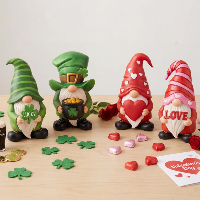 Simgoing 4 Pcs Holiday Gnomes Figurines 2 Valentines 2 St Patrick's Day Gnomes, Resin Love Heart Figurines Lucky Tabletop Decor Holiday Statues Centerpieces for Spring Home Table Tiered Tray - Image 1