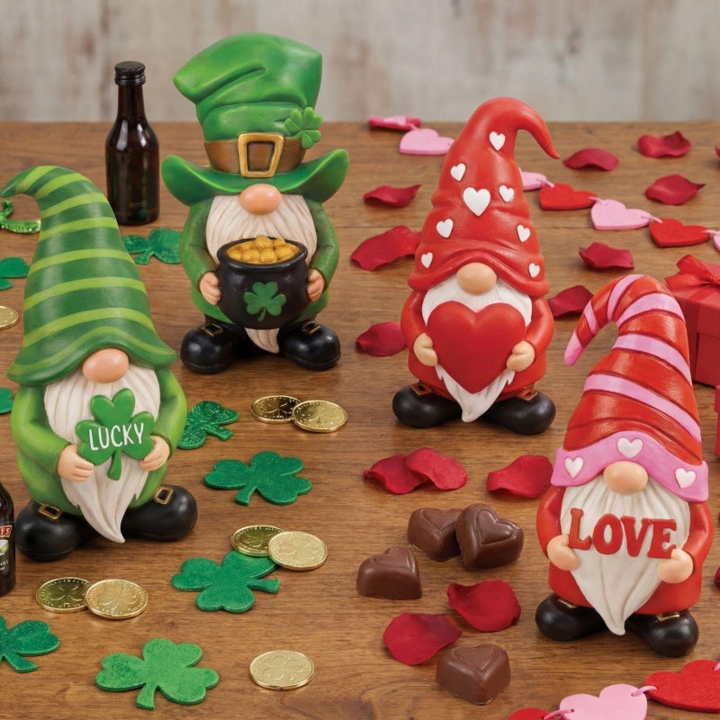 Simgoing 4 Pcs Holiday Gnomes Figurines 2 Valentines 2 St Patrick's Day Gnomes, Resin Love Heart Figurines Lucky Tabletop Decor Holiday Statues Centerpieces for Spring Home Table Tiered Tray - Image 4