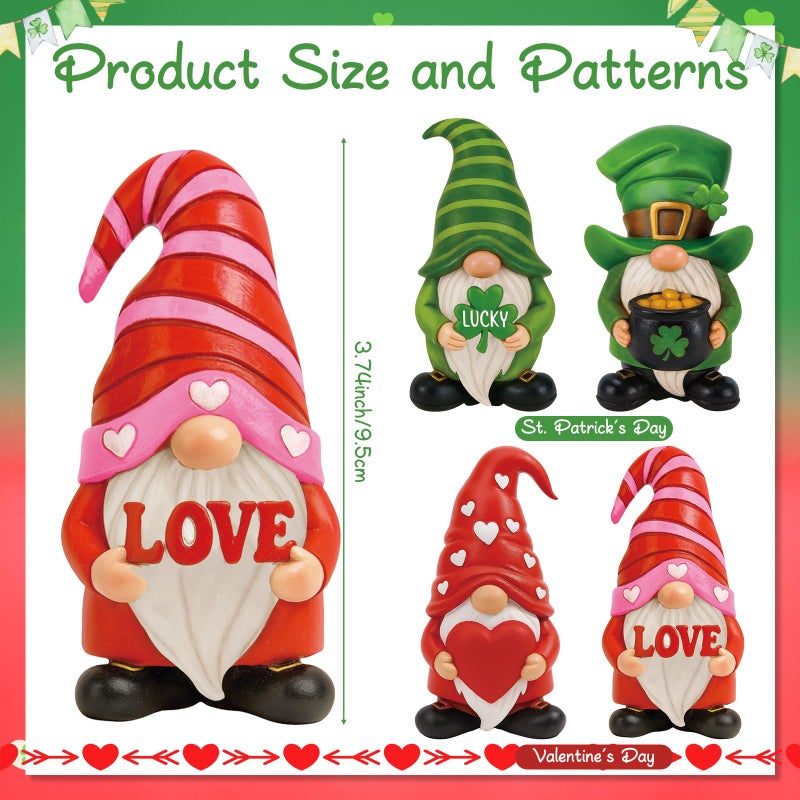 Simgoing 4 Pcs Holiday Gnomes Figurines 2 Valentines 2 St Patrick's Day Gnomes, Resin Love Heart Figurines Lucky Tabletop Decor Holiday Statues Centerpieces for Spring Home Table Tiered Tray - Image 2