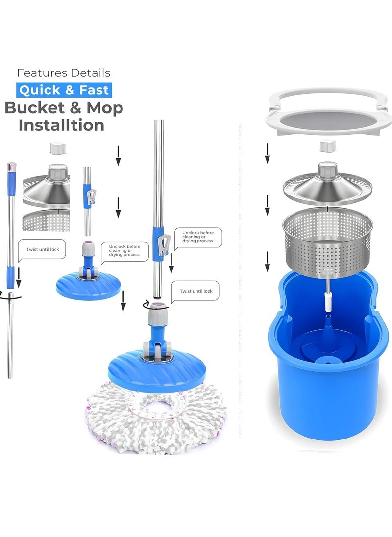 Scrolls - Mops for Floor Cleaning Stainless Steel Spin Mop and Bucket with,Hands Free Wringing, Telescopic Mop Handle, 360° Rotating Mop Head, Reusable Refills 45x26x23cm BLUE - Image 1