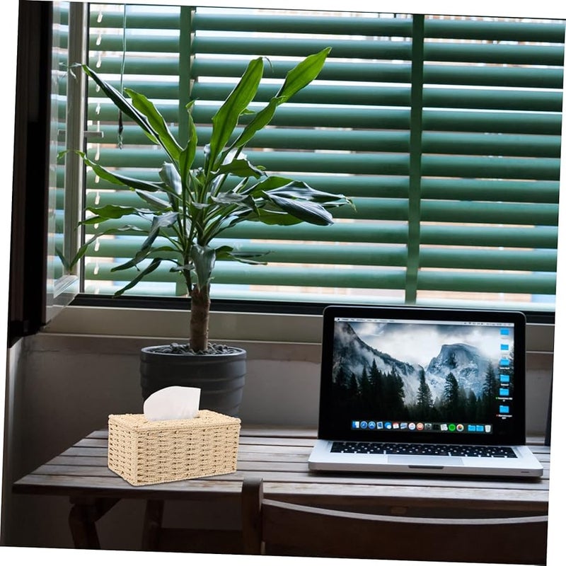 حامل علبة المناديق المنسوج بلون البيج متعدد الوظائف للتخزين المكتبي للمناديل والأشياء الصغيرة - Image 3