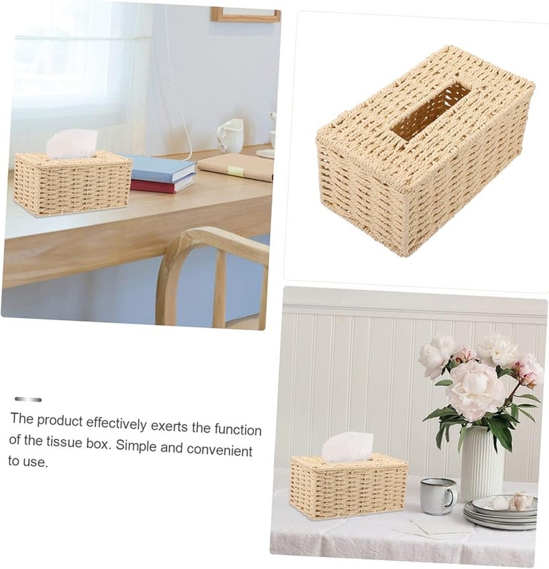 حامل علبة المناديق المنسوج بلون البيج متعدد الوظائف للتخزين المكتبي للمناديل والأشياء الصغيرة - Image 5