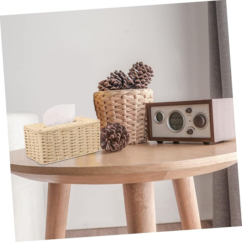 حامل علبة المناديق المنسوج بلون البيج متعدد الوظائف للتخزين المكتبي للمناديل والأشياء الصغيرة - Image 4