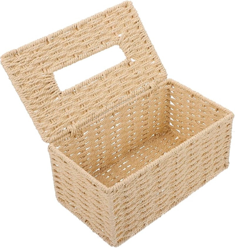 حامل علبة المناديق المنسوج بلون البيج متعدد الوظائف للتخزين المكتبي للمناديل والأشياء الصغيرة - Image 2