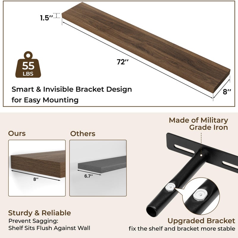 RICHFOCUS 72Inch Floating Shelves for Wall 2 Pack Shelves for Bedroom|Kitchen|Bathroom Wall Mounted Rustic Wood Floating Shelf with Invisible Brackets for Books|Storage|Decor, Walnut - Image 4