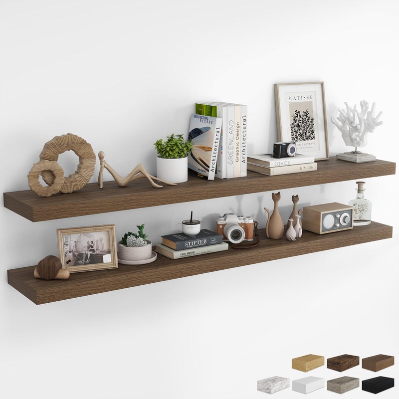 RICHFOCUS 72Inch Floating Shelves for Wall 2 Pack Shelves for Bedroom|Kitchen|Bathroom Wall Mounted Rustic Wood Floating Shelf with Invisible Brackets for Books|Storage|Decor, Walnut - Image 1
