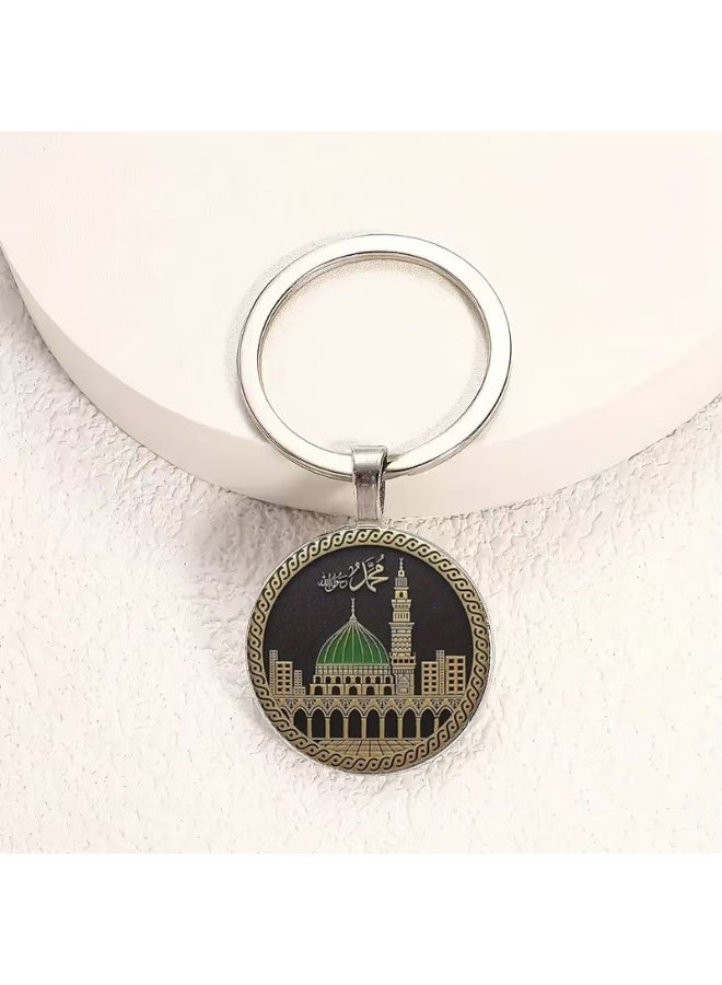 Round Glass Keychain with Prophet's Mosque Medina Architectural Design - Image 4
