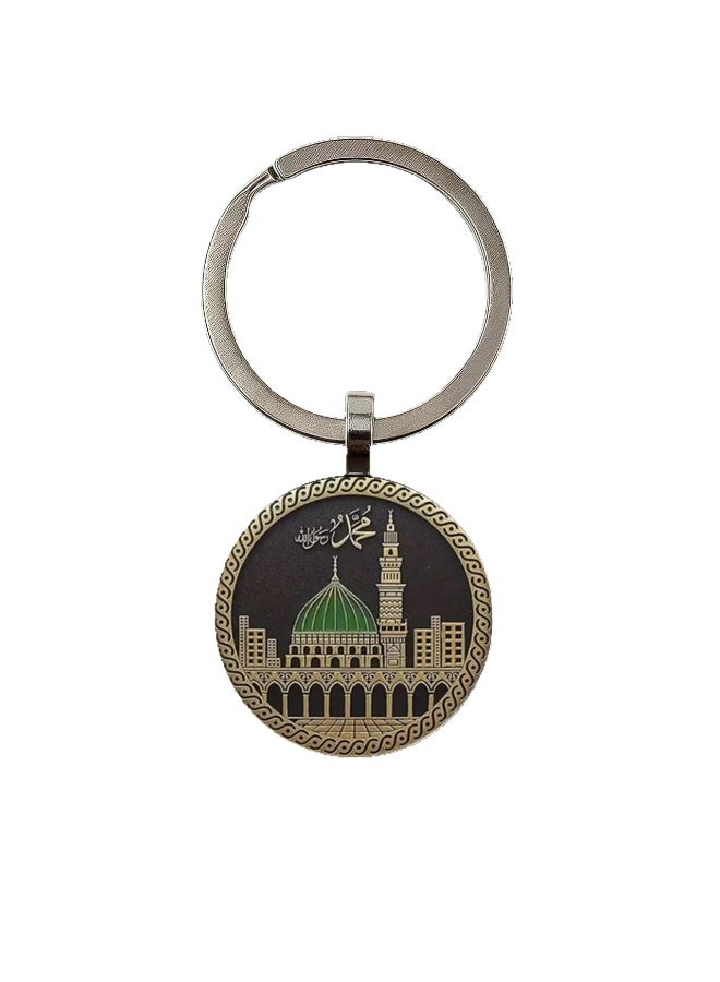 Round Glass Keychain with Prophet's Mosque Medina Architectural Design - Image 1