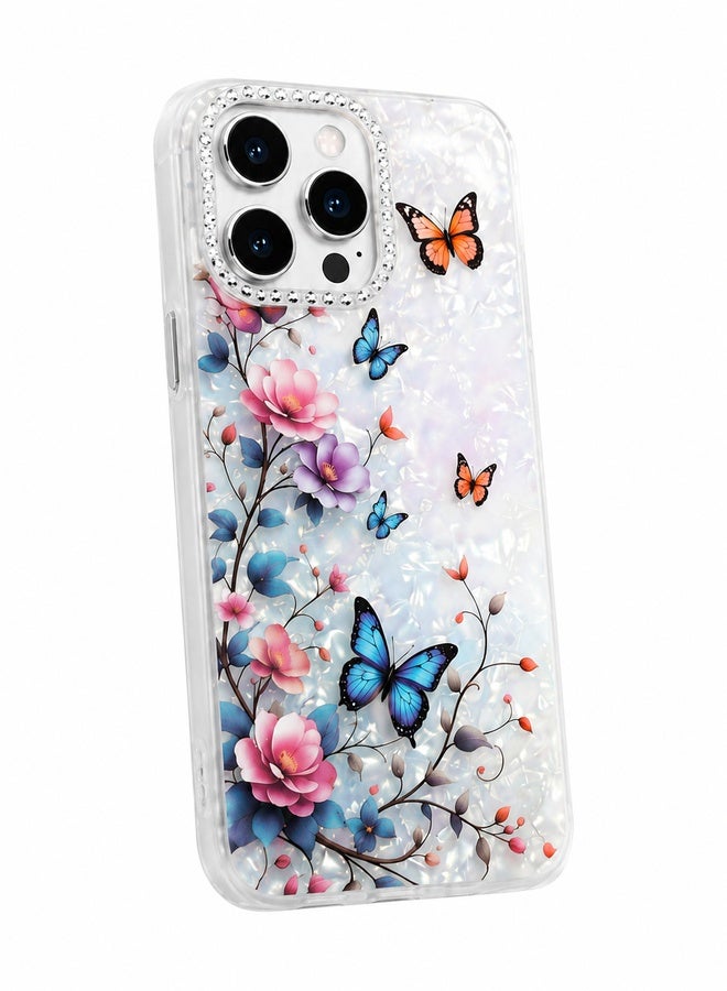 VR CREATIVE Protective Case Cover for Apple iPhone 16 Pro Max with Floral Marble Butterfly Print Transparent TPU + PC Shockproof Back Cover Design 1 - Image 1