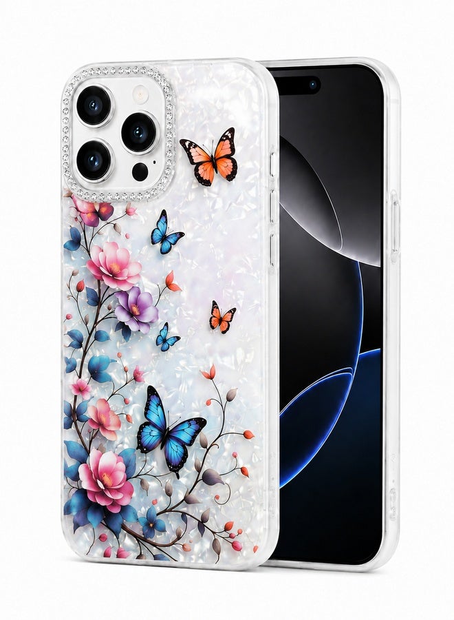 VR CREATIVE Protective Case Cover for Apple iPhone 16 Pro Max with Floral Marble Butterfly Print Transparent TPU + PC Shockproof Back Cover Design 1 - Image 2