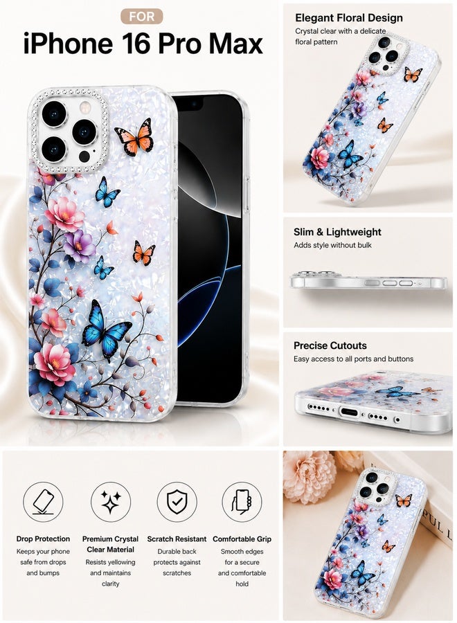 VR CREATIVE Protective Case Cover for Apple iPhone 16 Pro Max with Floral Marble Butterfly Print Transparent TPU + PC Shockproof Back Cover Design 1 - Image 4