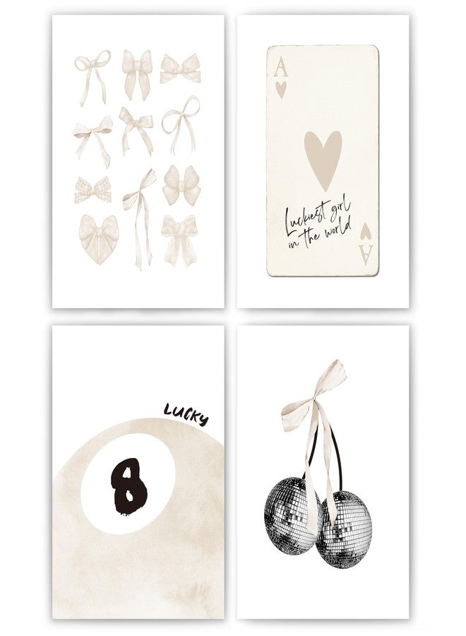 okaxscm Beige Coquette Trendy Preppy Wall Art Prints Set of 4, Coquette Room Decor, Preppy Room Decor Aesthetic, Beige Bow Disco 8 Ball Cherry Wall Decor Posters for Girls Bedroom Dorm, 8x10 Unframed - Image 1